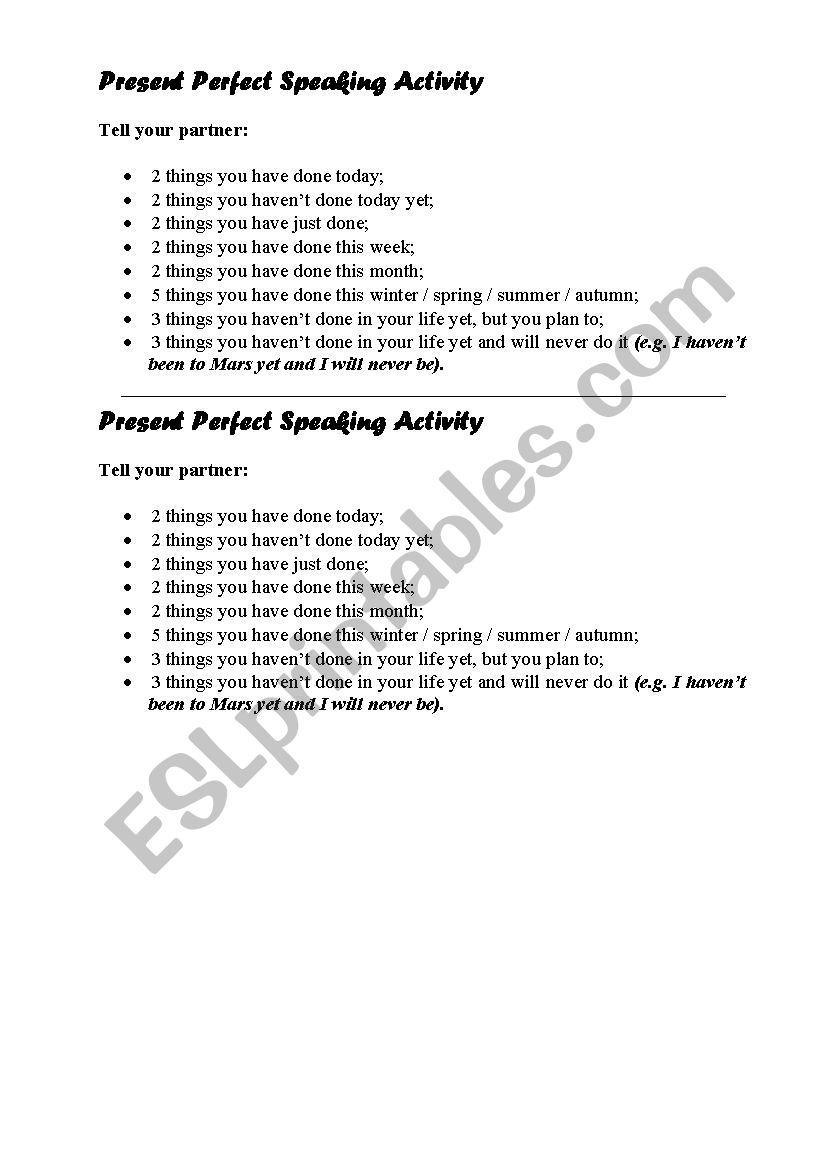 Present Perfect discussion worksheet
