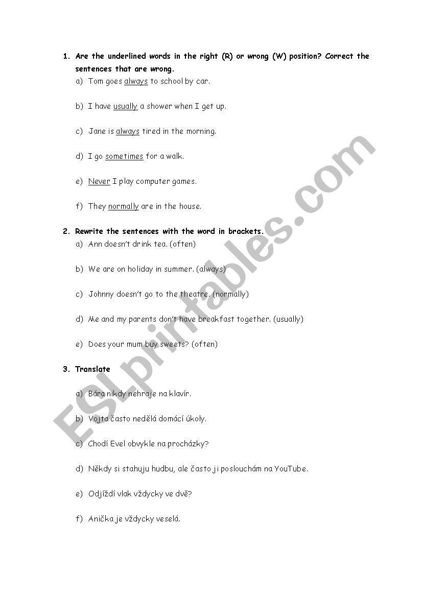 Adverbs of frequency worksheet