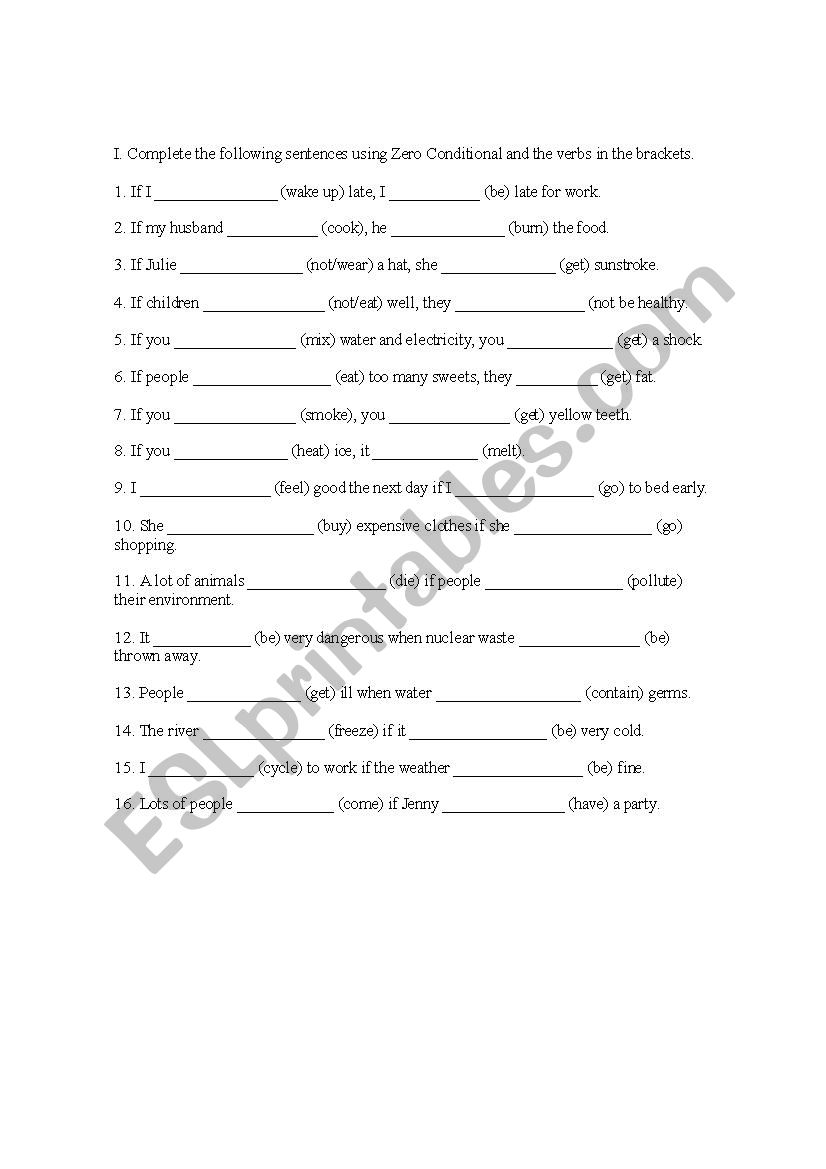 Zero conditional exercises worksheet