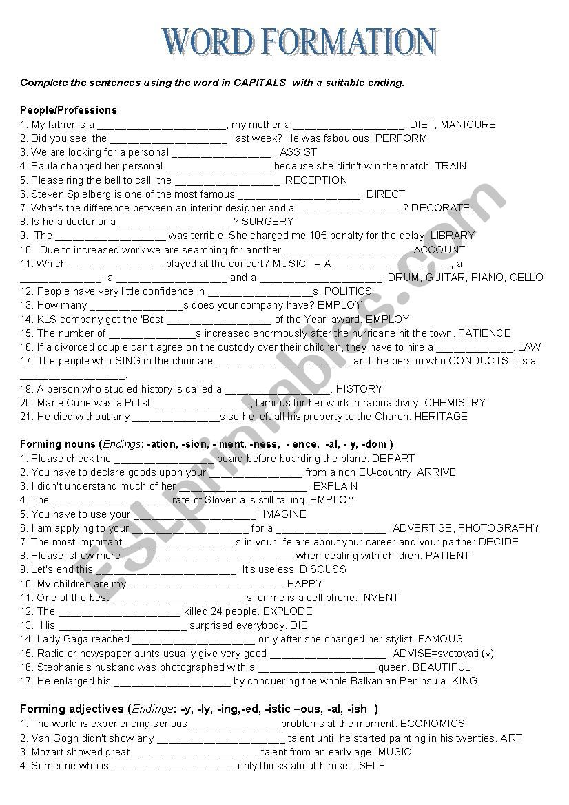 Word formation worksheet