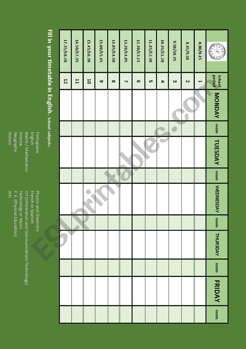 School timetable worksheet