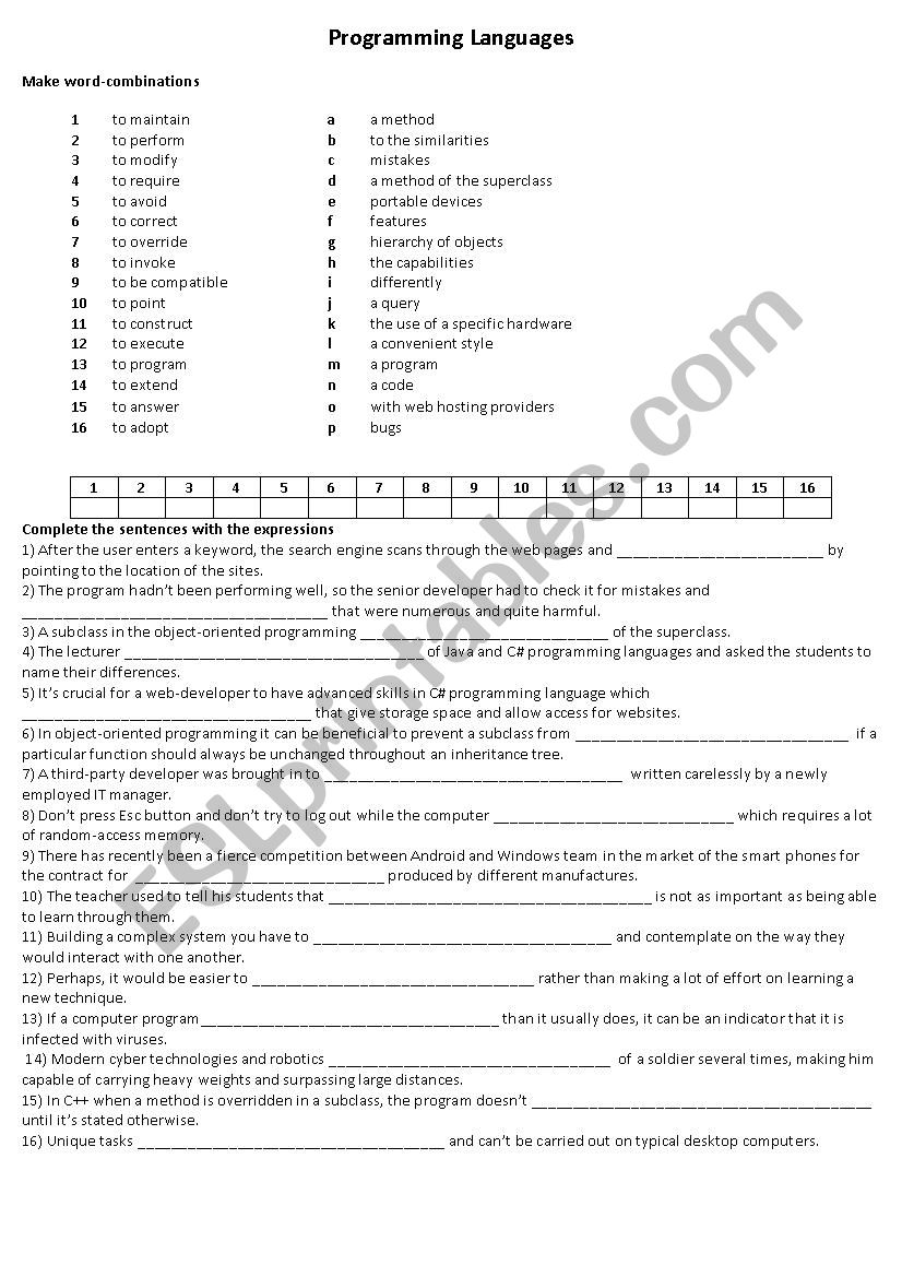 Programming languages part 2 worksheet