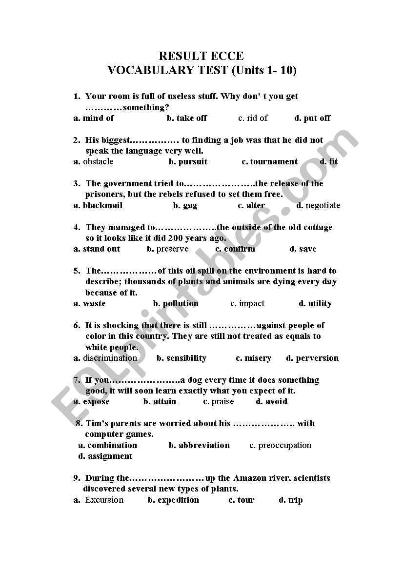 Vocabulary revision worksheet