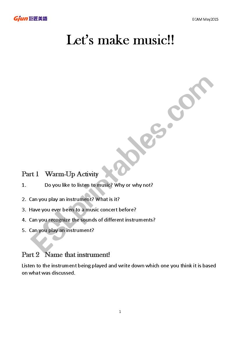 music worksheet