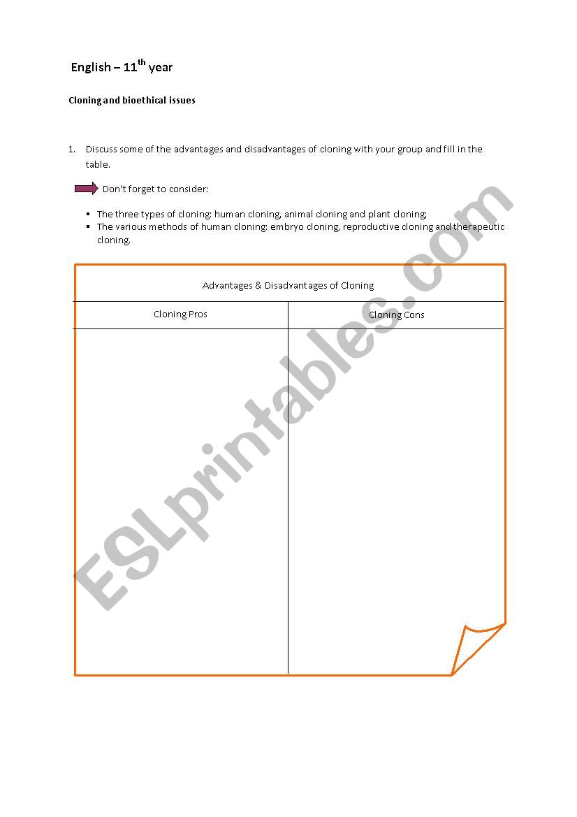 Cloning and bioethical issues worksheet