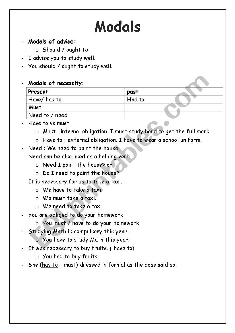 modals worksheet