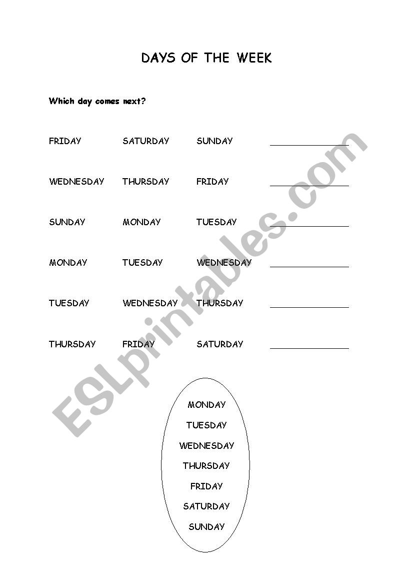 What day comes next worksheet