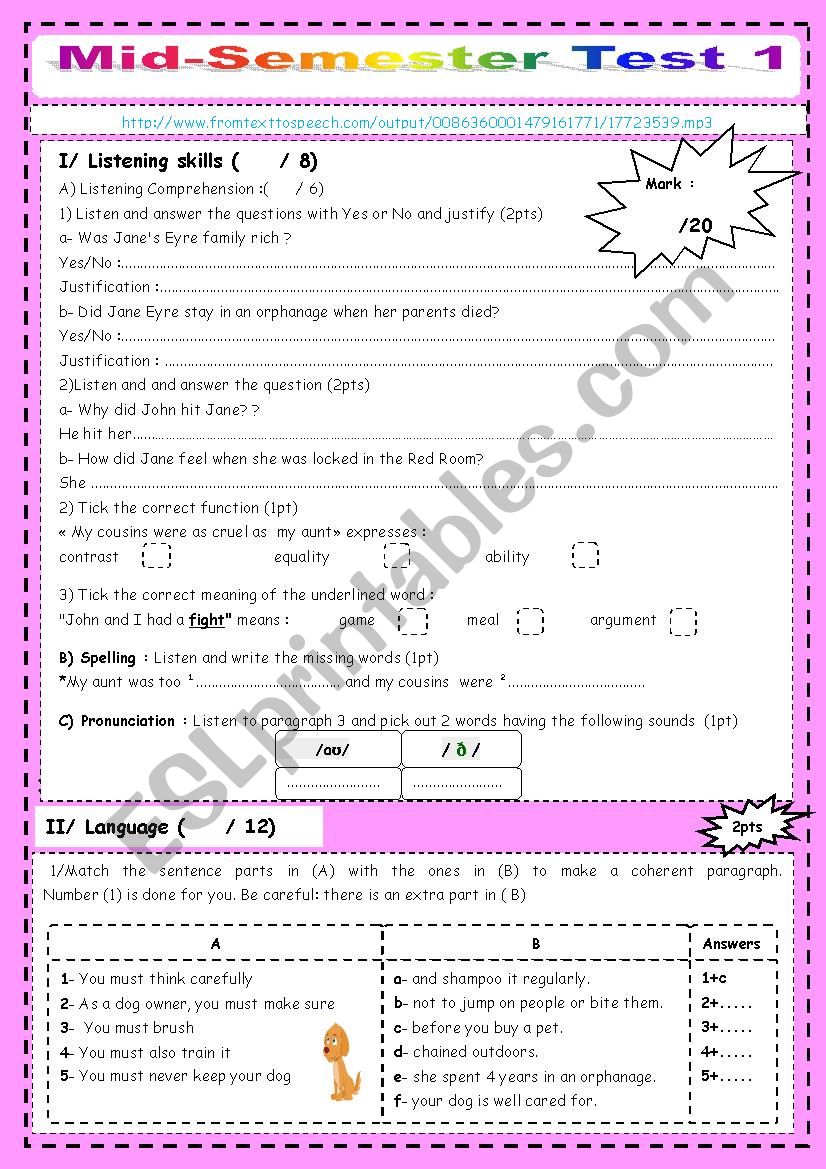 Mid- Semester Test 1 worksheet