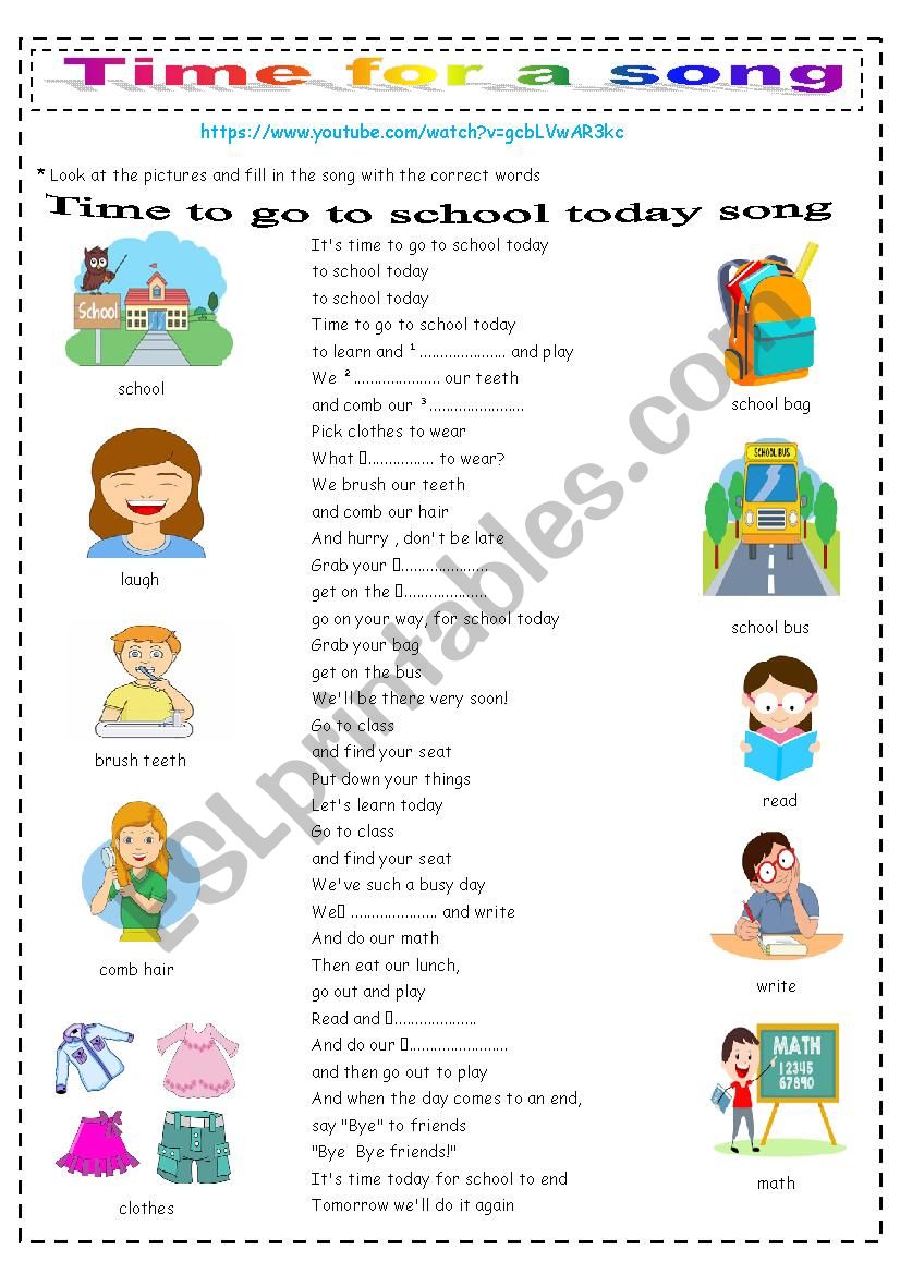 Time To Go To School Song worksheet
