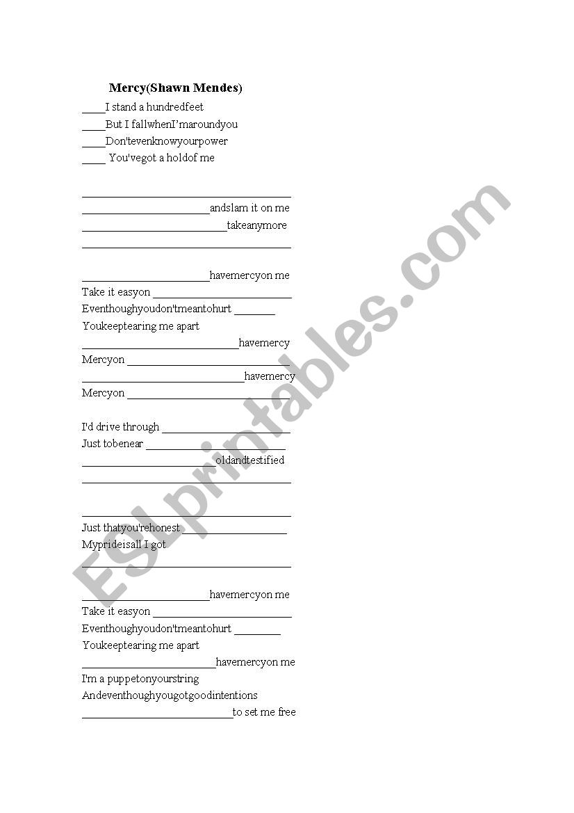 Mercy - Shawn Mendes worksheet