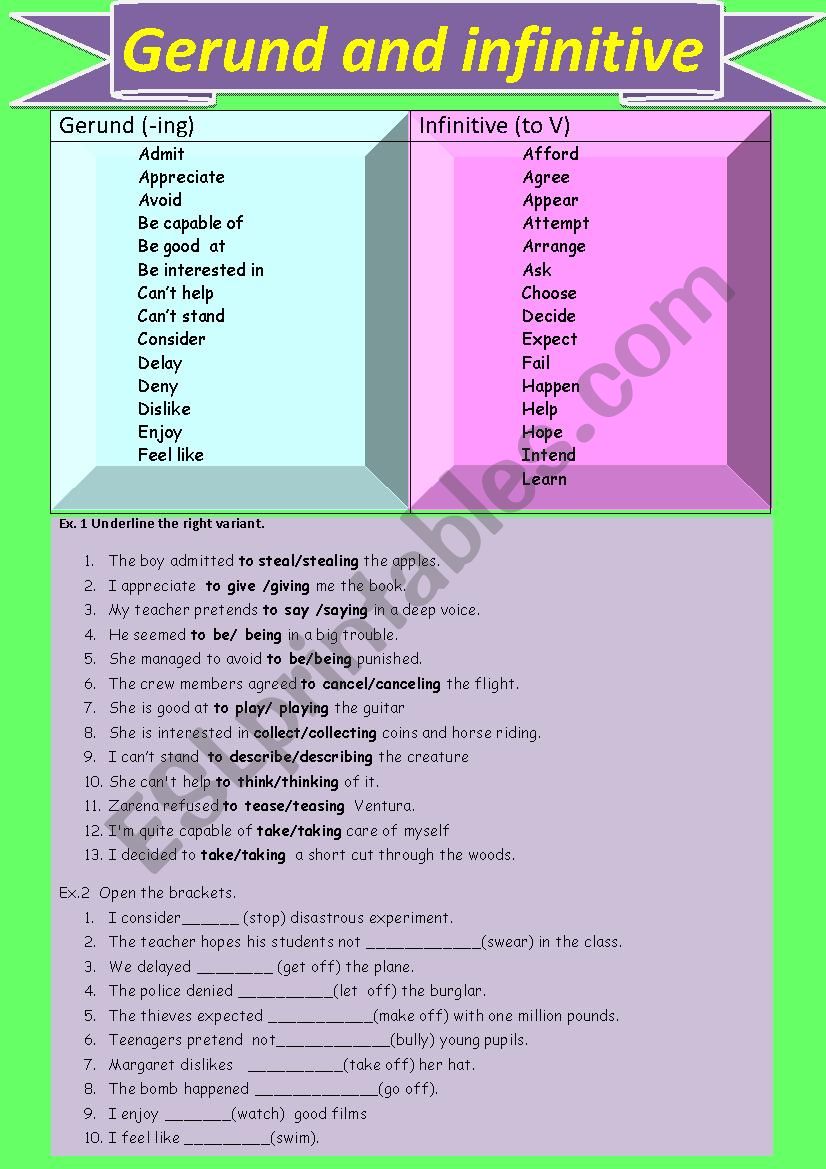 Gerund and infinitive 1 worksheet