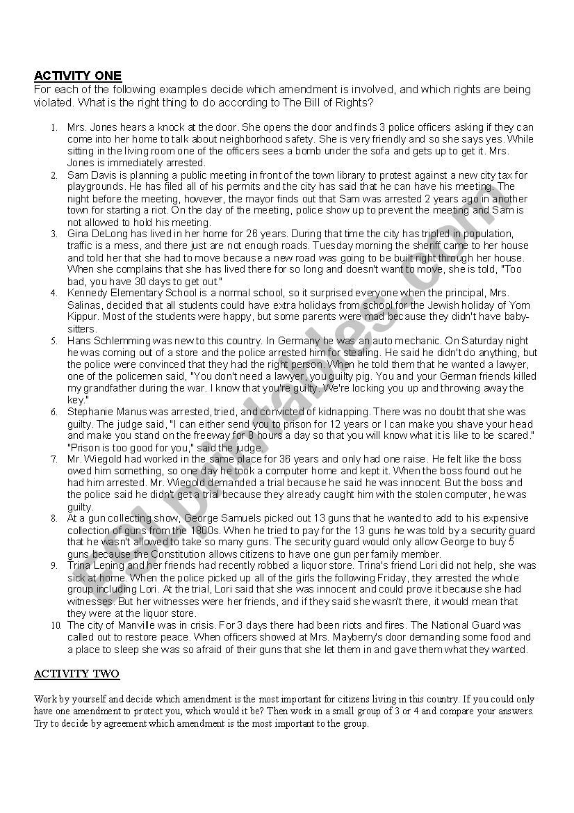 Bill of Rights Activity worksheet