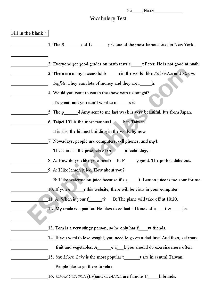 vocabulary worksheet