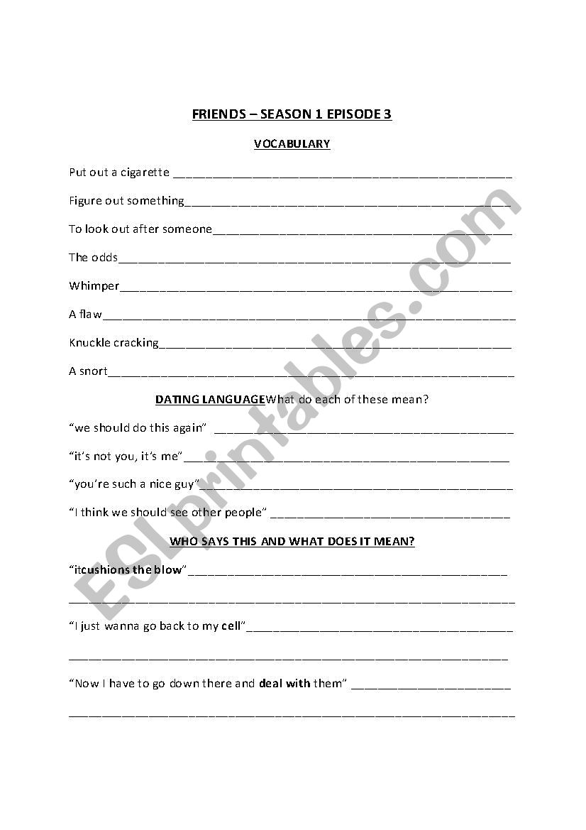 Friends - season 1 episode 3 worksheet