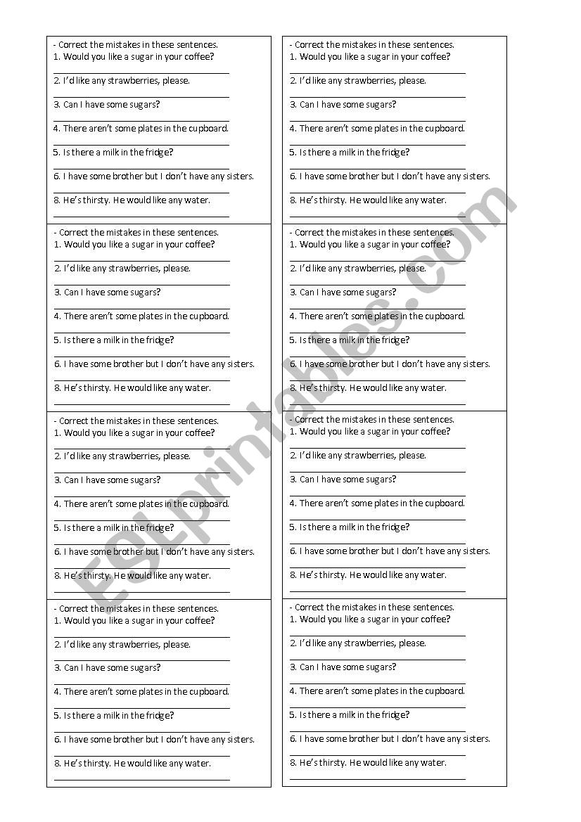 Some, Any, common mistakes worksheet