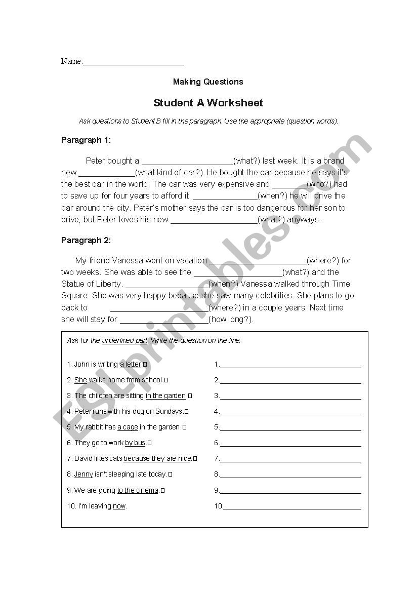 Making Questions Student A and B Worksheets