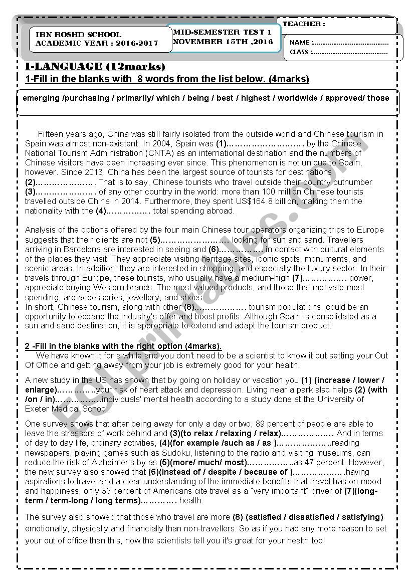 MID-SEMESTER TEST N1 worksheet