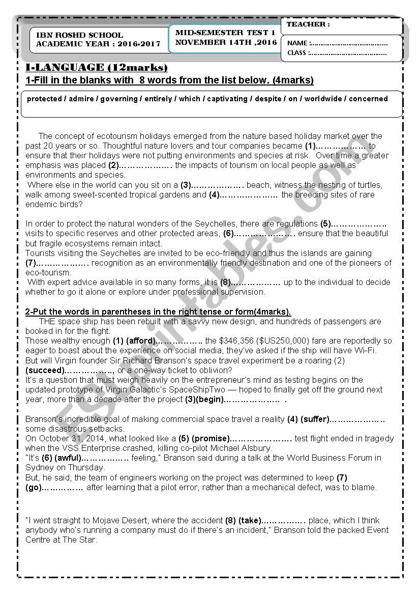 MID-SEMESTER TEST N1 worksheet