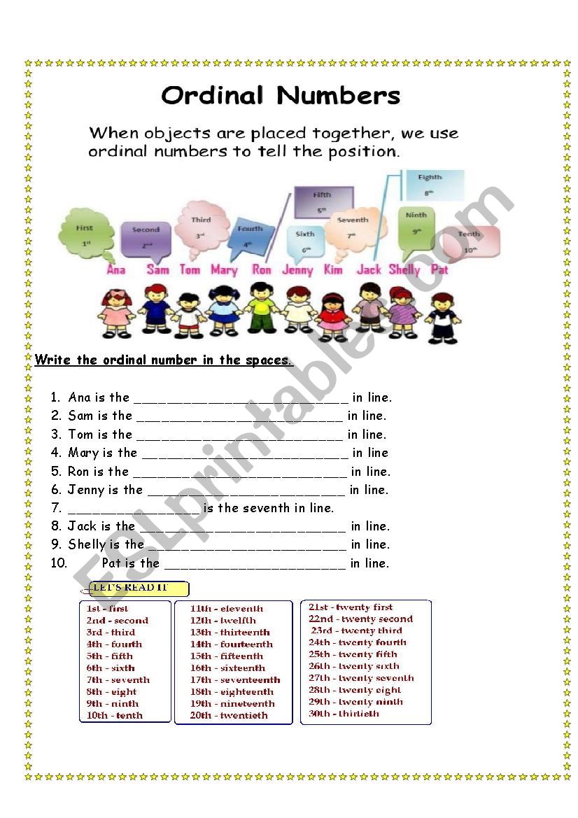 Ordinal Numbers worksheet