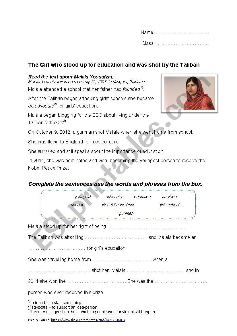 Malala Yousafzai worksheet