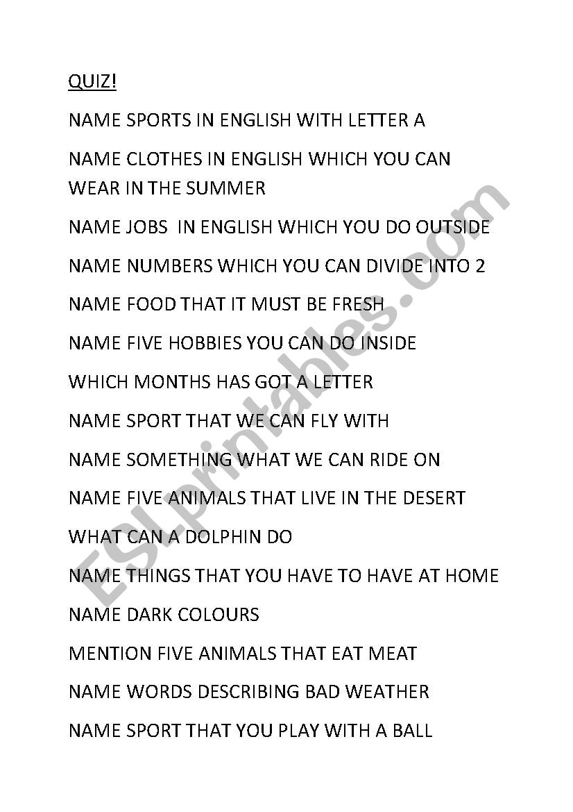 QUIZ TIME worksheet