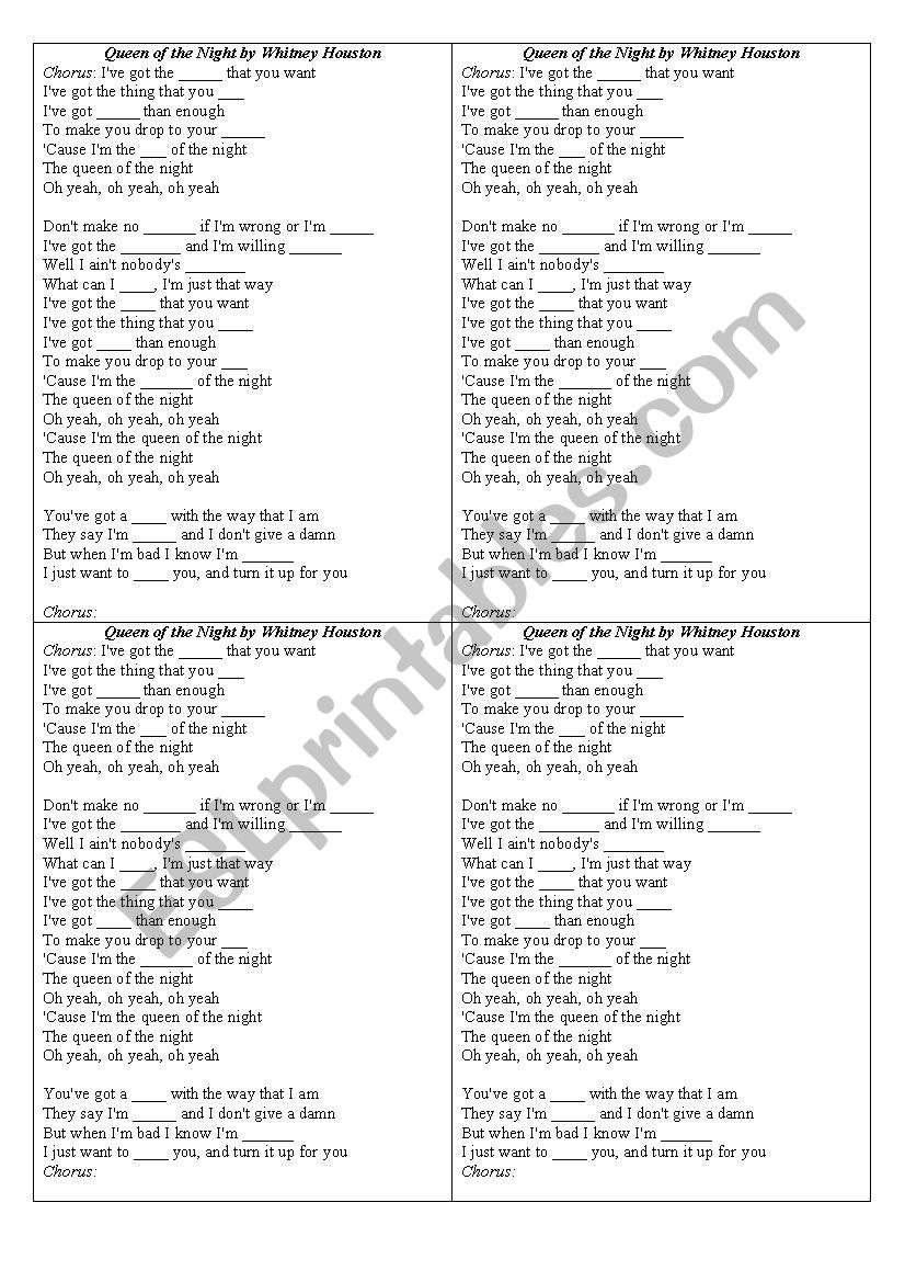 Queen of the night song worksheet