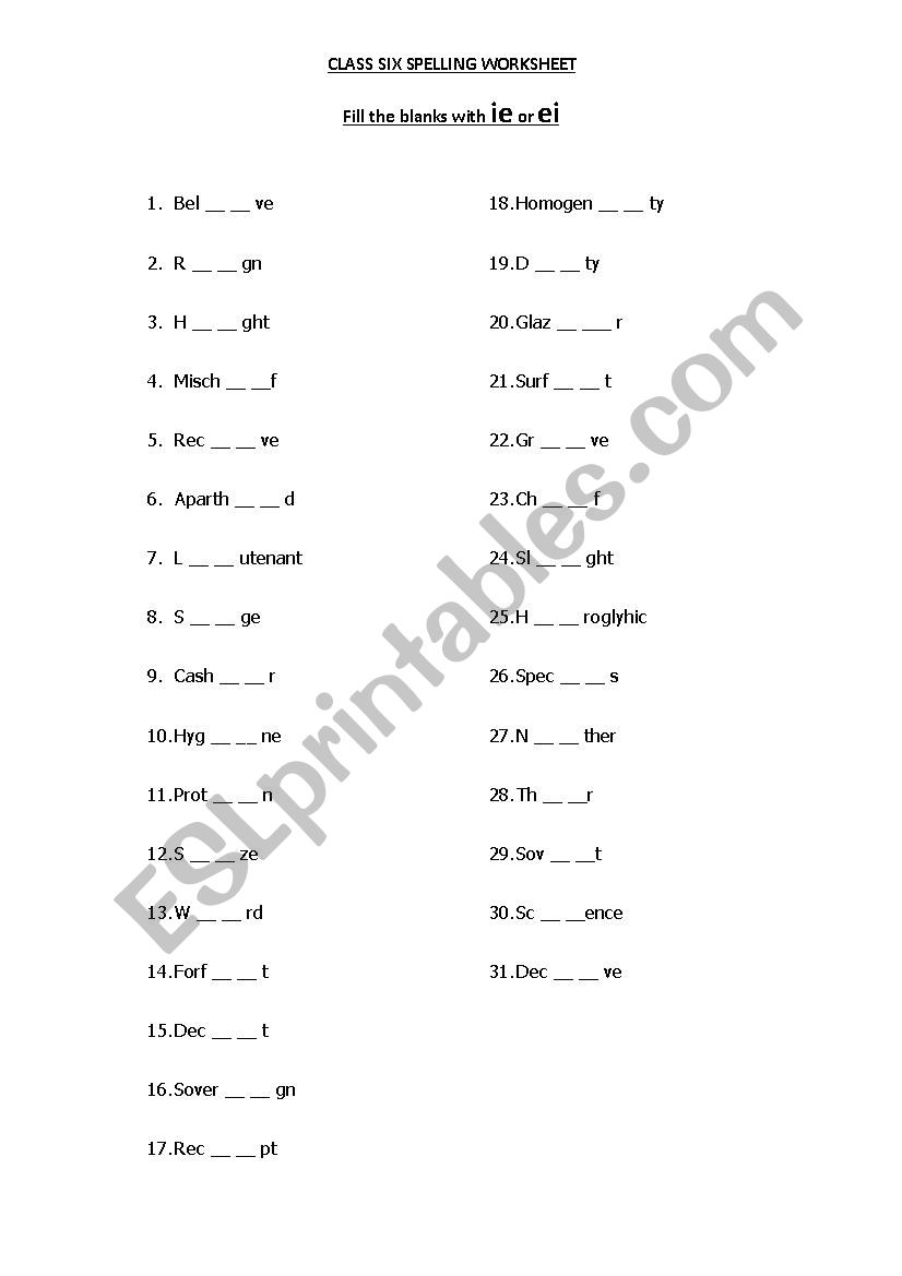 SPELLING WORKSHEET worksheet