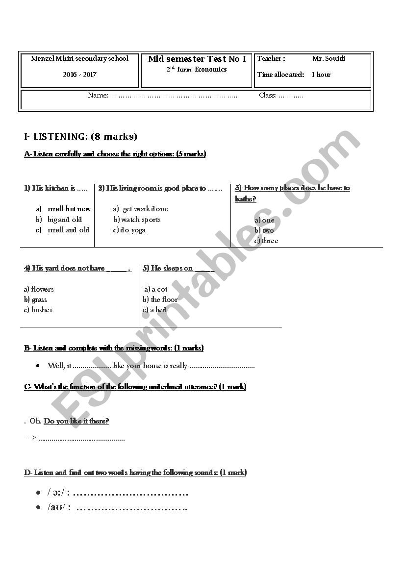 Listening test worksheet