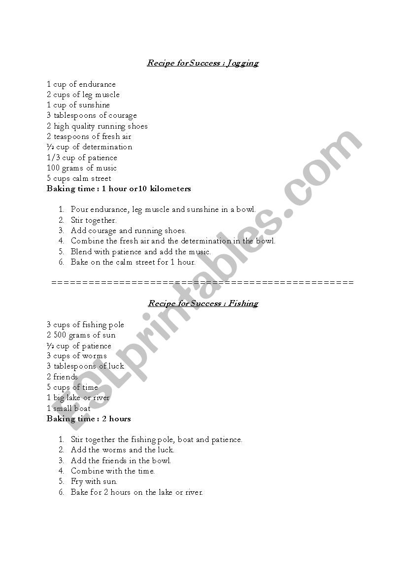 Recipe for success worksheet