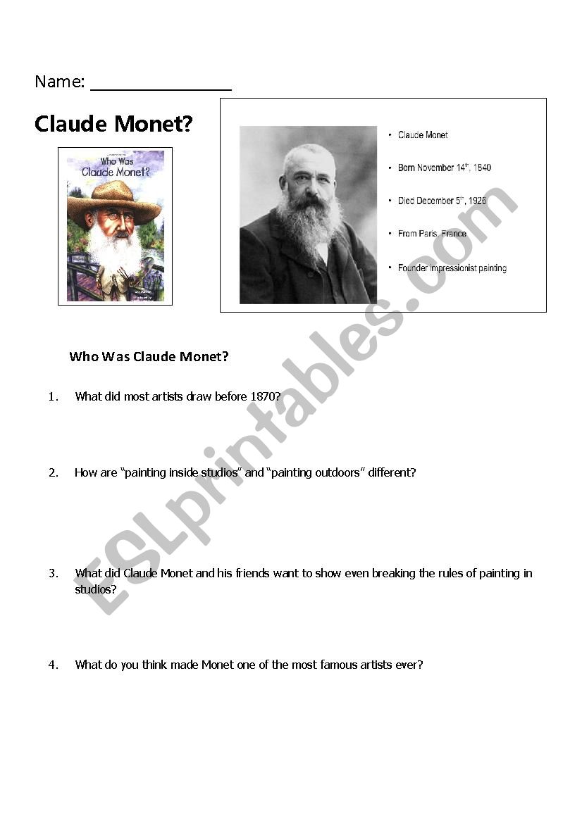 Claude Monet Who Was Series worksheet