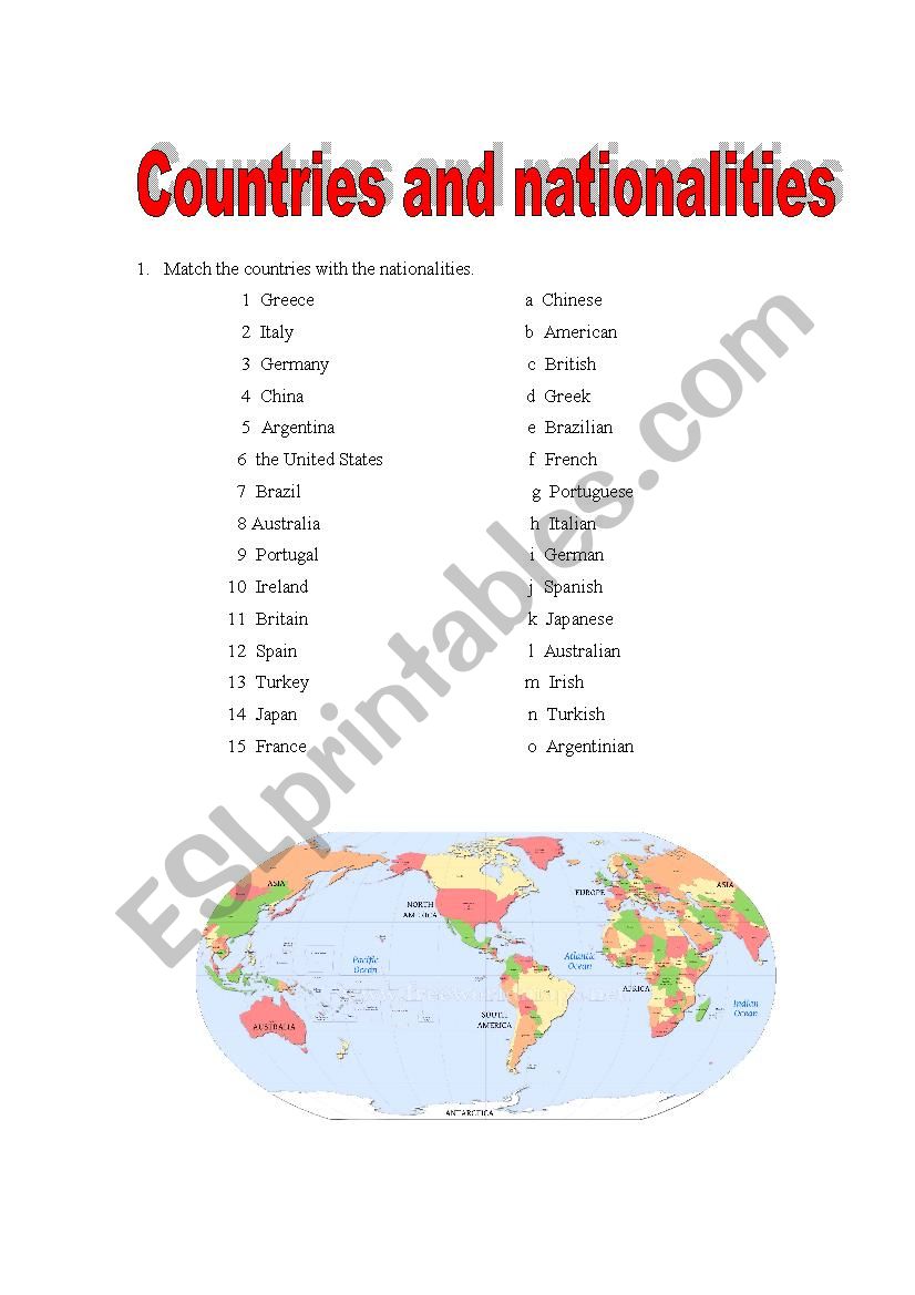 Countries and nationalities worksheet