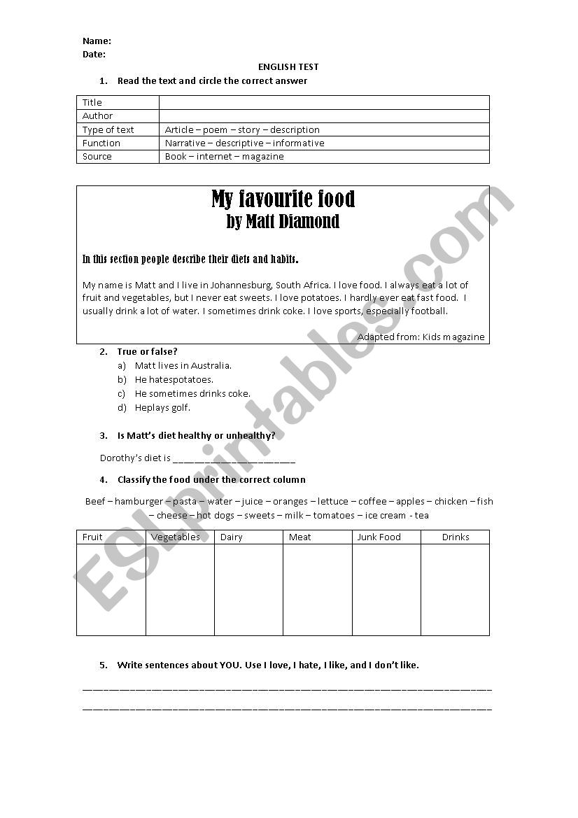 Food worksheet