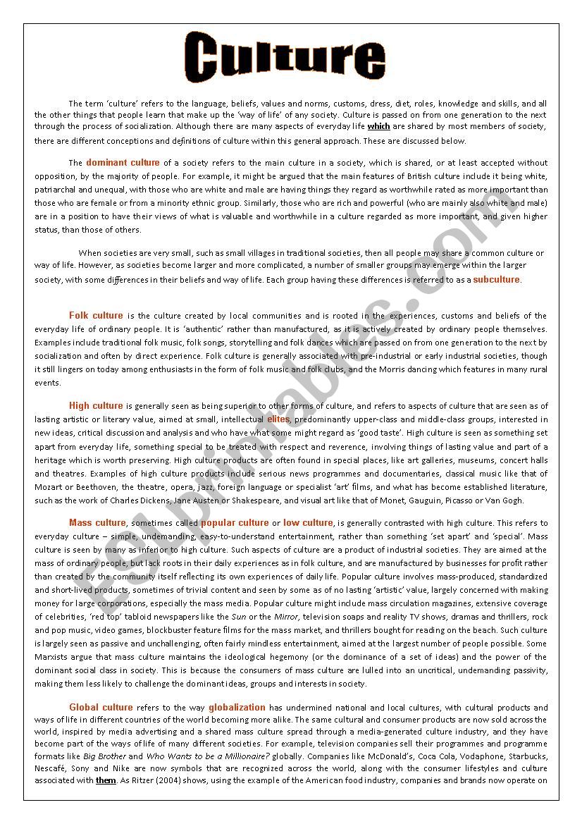 Culture and its Types worksheet