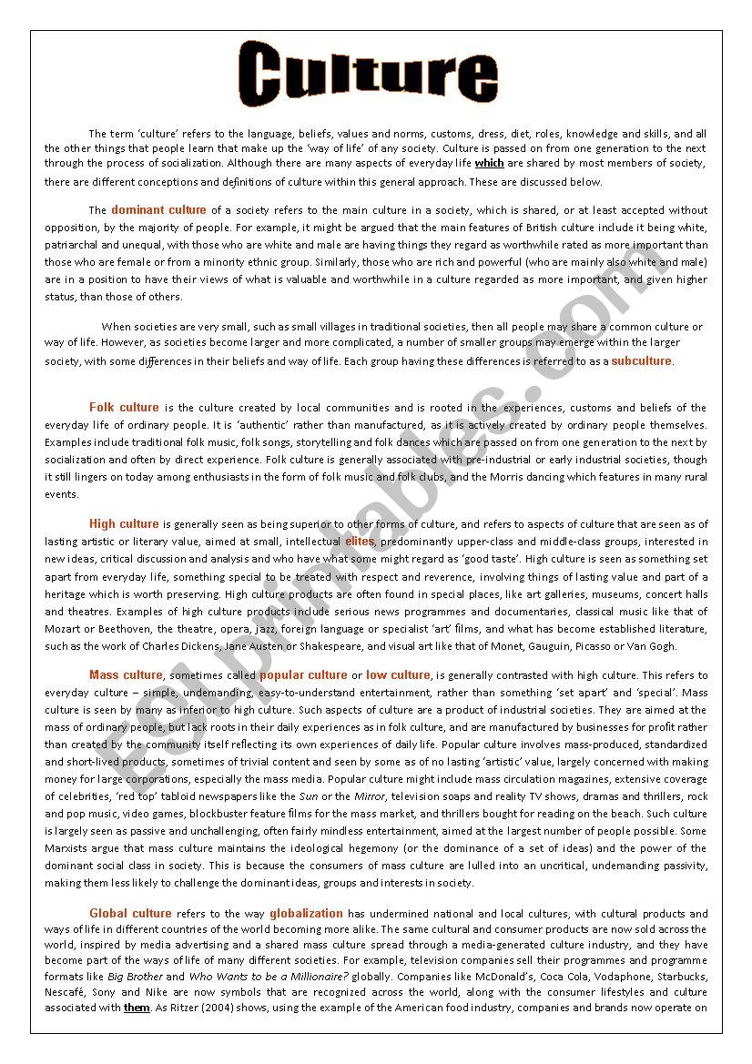 Culture and its Types worksheet