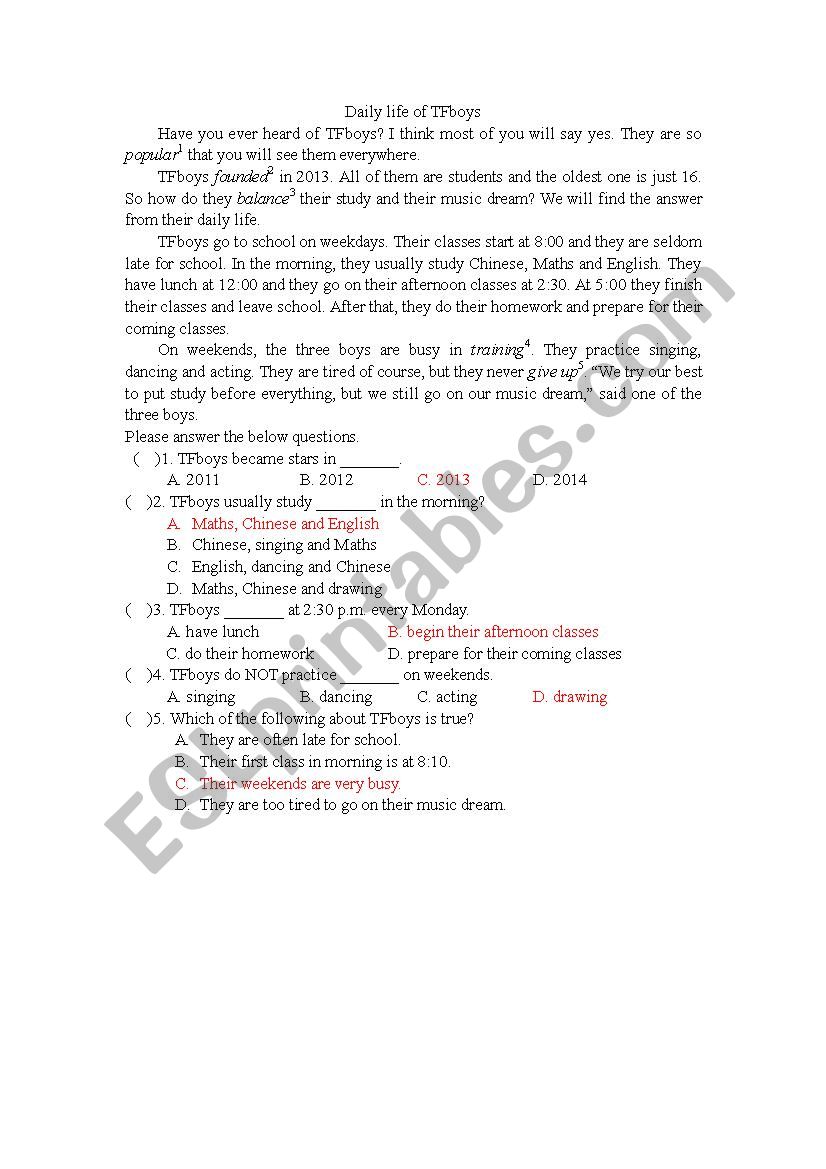 the daily life of TFboys worksheet