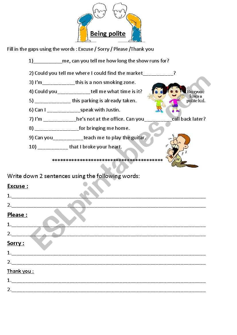Polite expressions (manners) worksheet