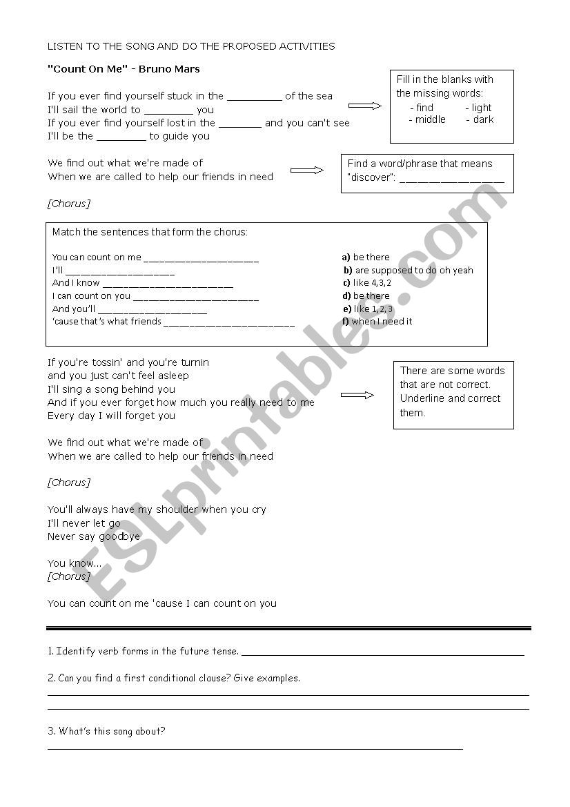 count on me bruno mars worksheet