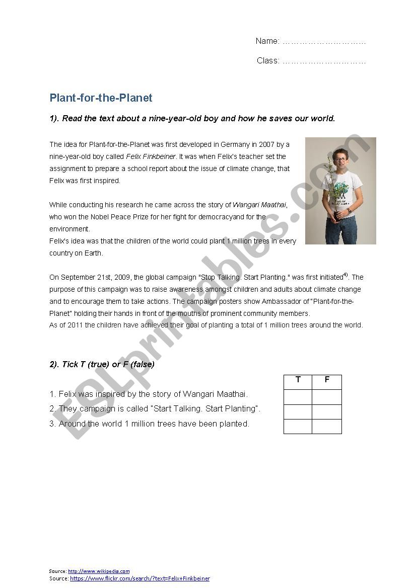 Plant for the Planet worksheet