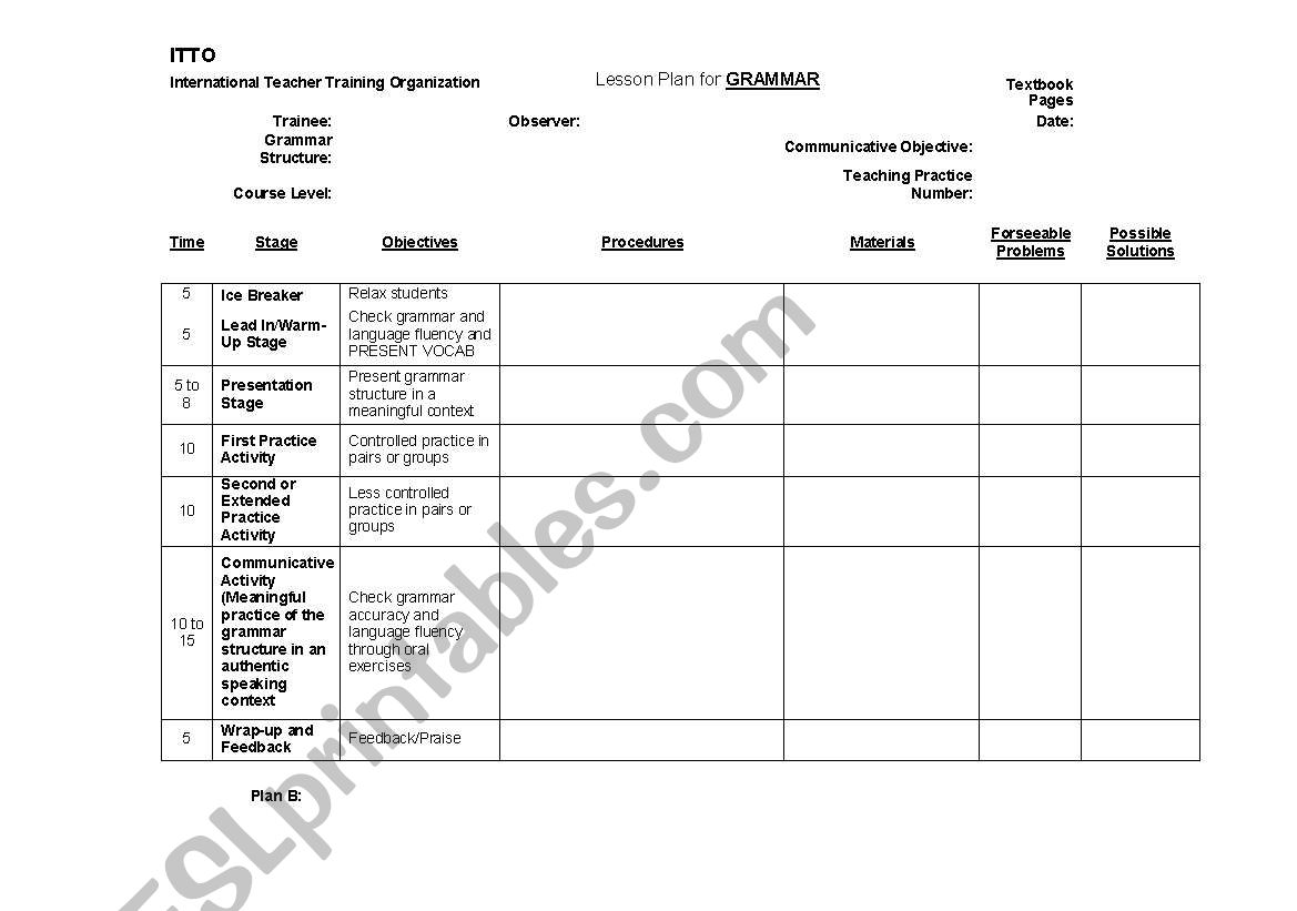 Grammar Lesson Plan worksheet