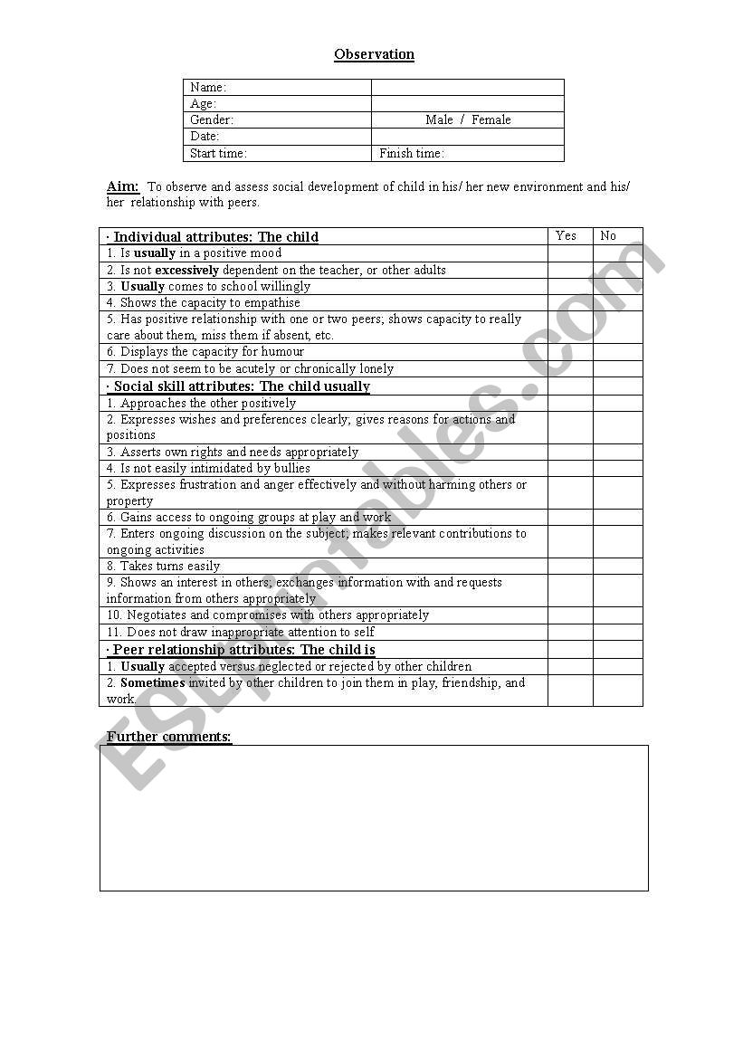 Observation and assessment sheet