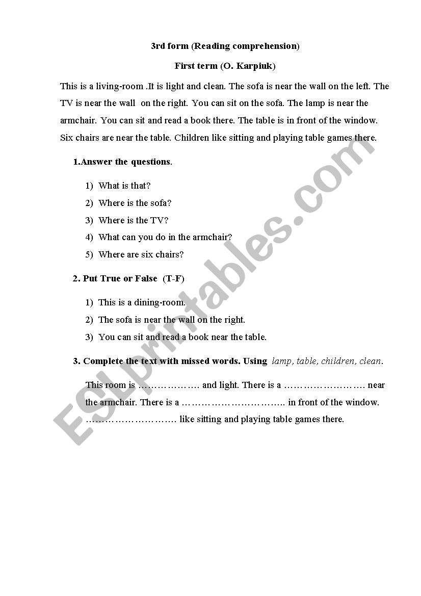 3rd form writing and reading worksheet