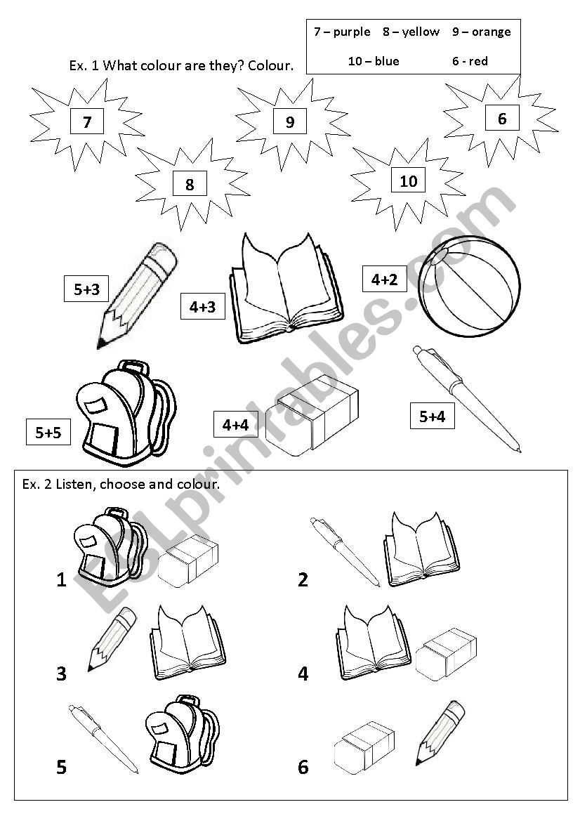 school things, numbers 1-10 and colours