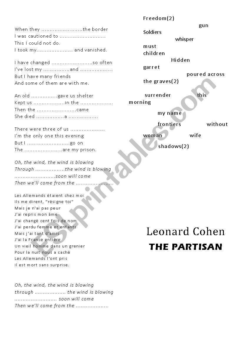 THE PARTISAN. Leonard Cohen worksheet