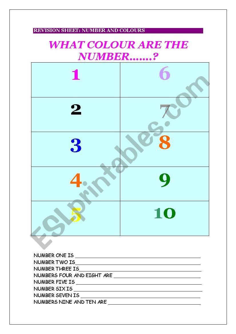 NUMBERS AND COLOURS worksheet