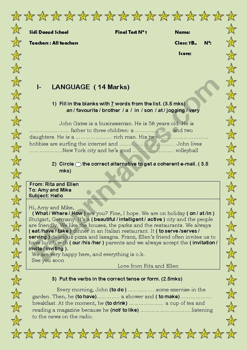 Final Test 1 7th graders worksheet