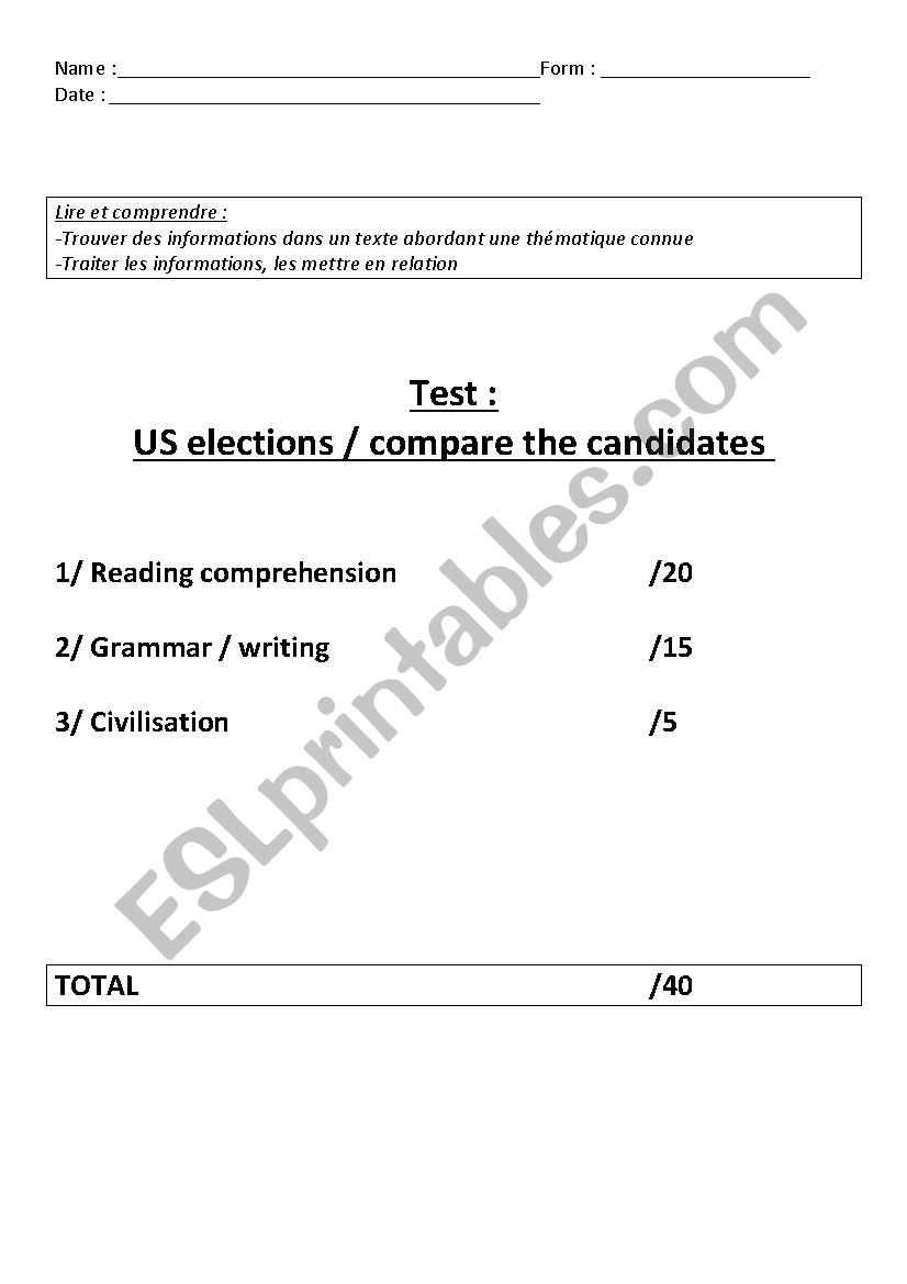 Us election test worksheet