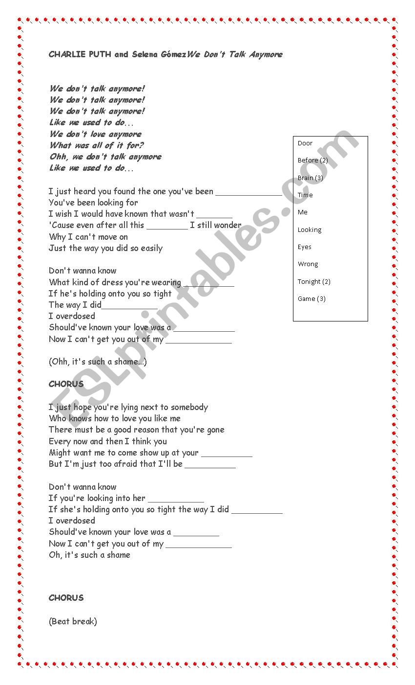 We dont talk anymore worksheet