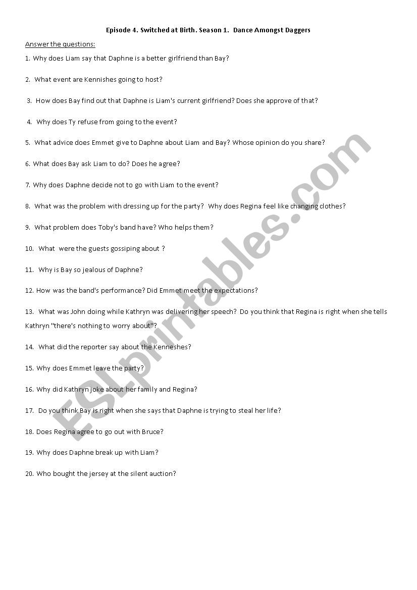 Switched at Birth. Season 1/ Episode 4 - ESL worksheet by ...
