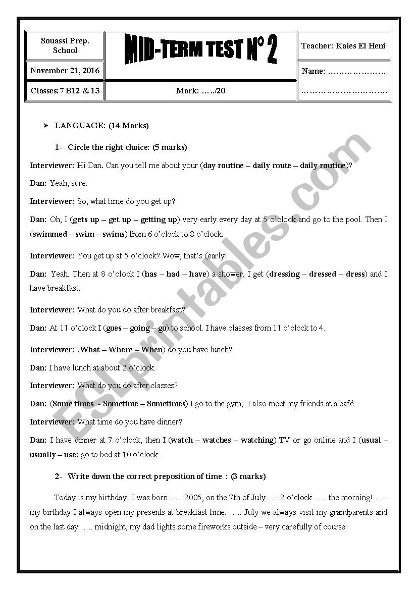 2016 / 2017 7th Form Mid-Term Test 2