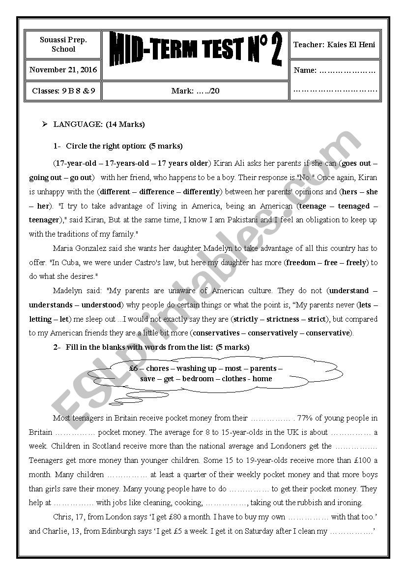 2016 / 2017 9th Form Mid-Term Test 2